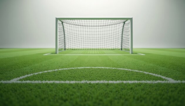 soccer goal centered on empty artificial turf pitch with crisp white penalty area lines and textured grass under soft lighting, close perspective highlights net, posts, and shadows,