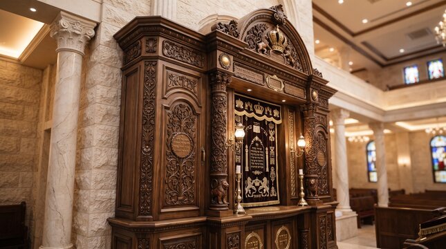 Ornate wooden Torah ark inside a synagogue sanctuary with stone columns and interior decor.