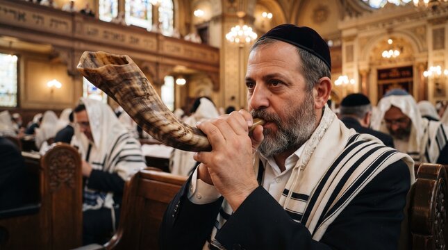 Jewish man blowing the shofar horn in a synagogue during Rosh Hashanah religious service.