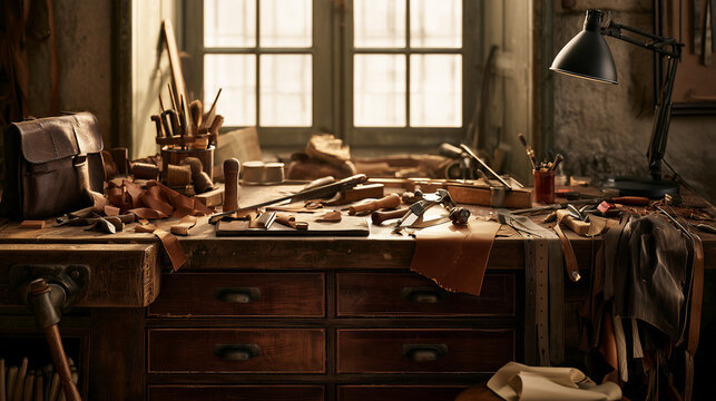 Cobbler workbench with leather scraps and simple hand tools