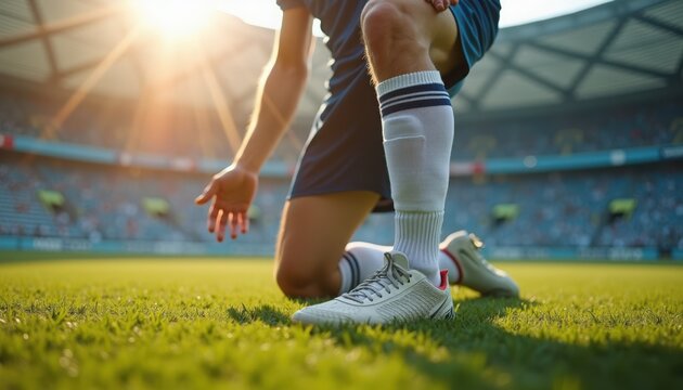 Soccer player kneeling on pitch with cleats and striped socks under stadium lights, dramatic low-angle action focusing on legs and grass texture, soccer player preparing for kickoff,