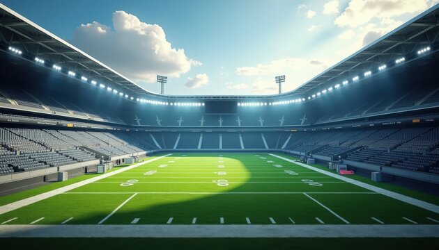 Football stadium interior with illuminated field, empty spectator stands, goalposts, turf markings, and towering floodlights under dramatic sky,