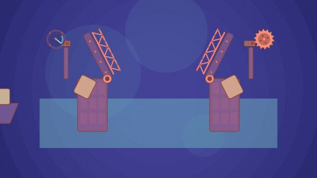 Abstract animated bascule bridge parting drawn as blue and cyan lines and shapes on a deep dark background. Seamless looping 4K motion graphics video with free space for text, ideal for title sequence