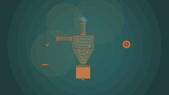 Abstract animated cyclone dust separator drawn as cyan and teal lines and shapes on a deep dark background. Seamless looping 4K motion graphics video with free space for text, ideal for title sequence