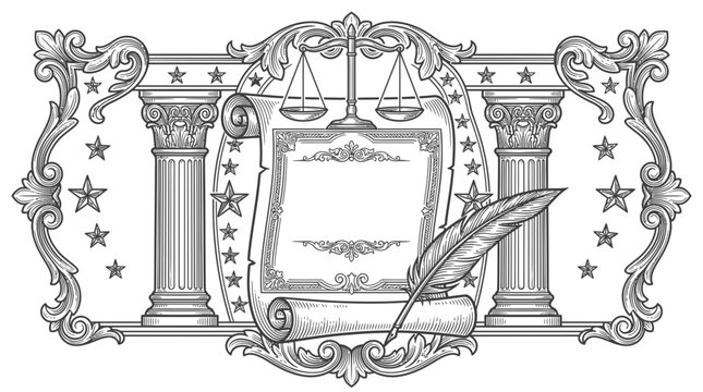 Vintage legal document frame with scales of justice, scroll, and quill pen illustration