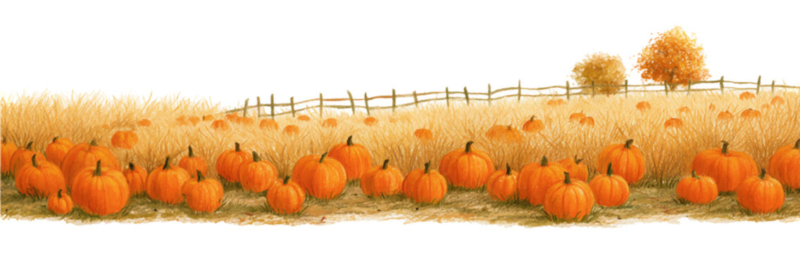Pumpkins growing in an autumn field, ripe for harvest, celebrating fall season, thanksgiving, and halloween traditions with warm orange hues and rustic fence background