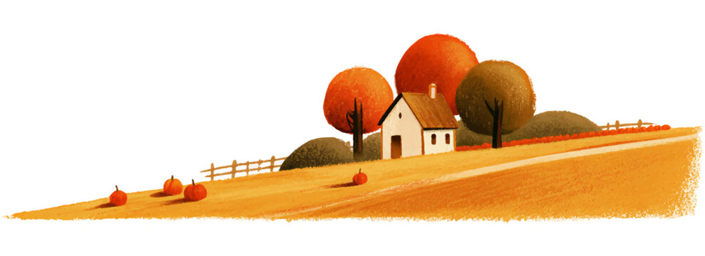 Rural autumn farm scene presenting a charming white farmhouse with a brown roof, surrounded by fall trees changing colors and pumpkins lying on a golden field