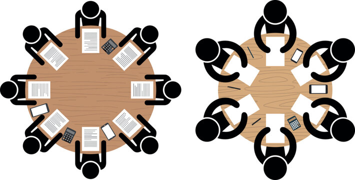 Business team round table meeting top view set isolated on white background for office teamwork strategy discussion concepts