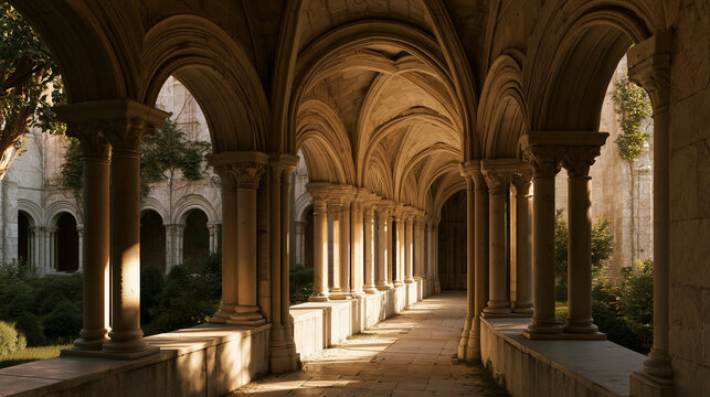 Monastery cloister walkway with repeating stone arches around a courtyard