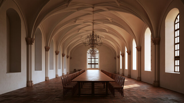 Monastery refectory with a long plain wooden table and a vaulted ceiling