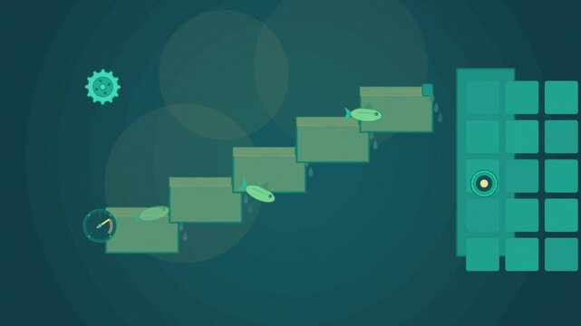 Abstract animated fish ladder steps drawn as cyan and teal lines and shapes on a deep dark background. Seamless looping 4K motion graphics video with free space for text, ideal for title sequences, ex