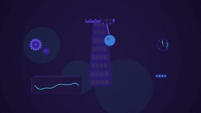 Abstract animated tuned mass damper drawn as blue and cyan lines and shapes on a deep dark background. Seamless looping 4K motion graphics video with free space for text, ideal for title sequences, ex