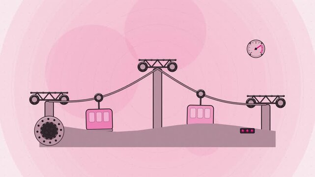 Abstract animated cable car mid span drawn as coral and magenta lines and shapes on a bright, clean light background. Seamless looping 4K motion graphics video with free space for text, ideal for titl