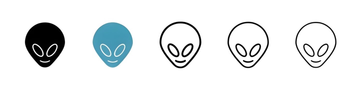 Alien vector icon set in black and blue colors. Thin line customizable illustration. Contour symbol. Vector isolated outline drawing. Editable stroke