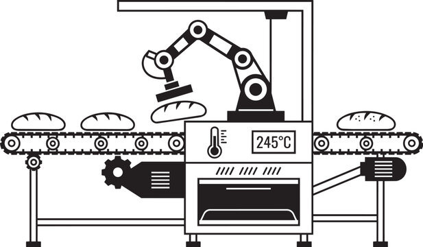 Robotic arm on bakery conveyor belt for bread production