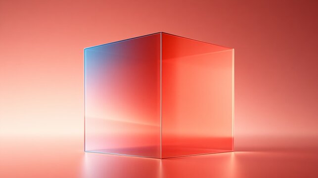 Glass cube sculpture with red and blue gradient light reflection