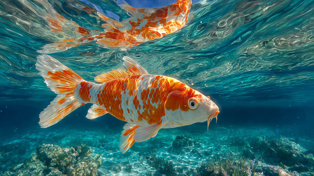 Colorful Koi Fish Swimming Under Clear Water