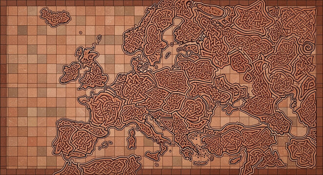 An intricate depiction of the European continent features labyrinthine patterns crafted within square mosaic tiles that display rich earthy tones to symbolize geographical regions across