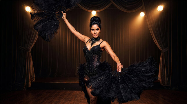 Elegant Cabaret Performer in Black Feather Costume Holding Large Fans on a Dramatic Theater Stage