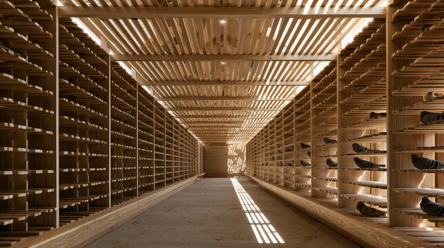 Pigeon loft interior with rows of wooden perches and slatted light