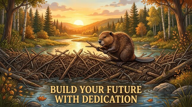Beaver building a dam on a river at sunset, symbolizing hard work, persistence, and building a future.
