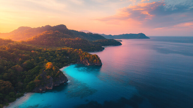 Tropical Island Coastline and Turquoise Ocean at Sunset