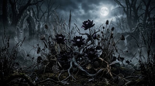 Enigmatic dark plants illuminated moonlight foggy landscape featuring ancient ruins