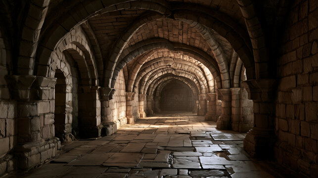 Stone crypt with low vaulted arches and worn flagstones