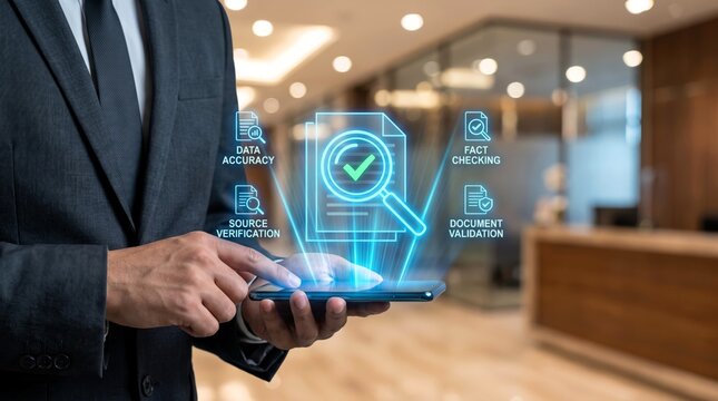 Professional businessman in a charcoal suit holds smartphone displaying glowing blue digital icons for data validation and document accuracy verification