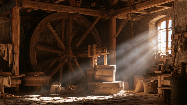 Watermill interior with a large wooden wheel shaft and a stone grinding floor