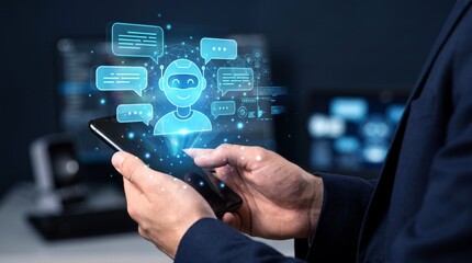 Fototapeta premium Intelligent chatbot icon glows bright blue above smartphone screen held by professional person in dark suit during evening office work