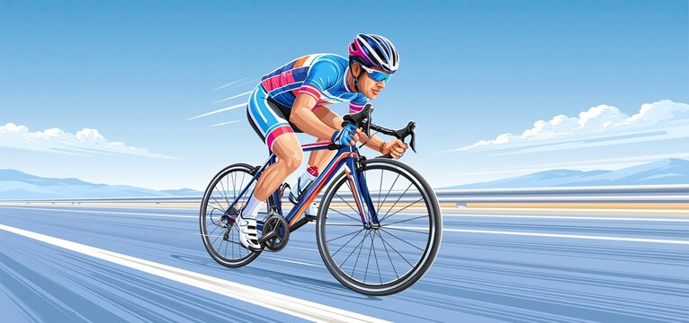 Cyclist racing swiftly on a streamlined bike along an open road, showcasing active outdoor fitness and adventure.