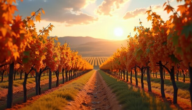 autumn vineyard rows with golden grapevines at sunset, sunlit hills and soft clouds, warm orange foliage and neat trellised vines framing central dirt path,