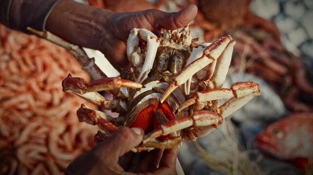 Fresh Crab Held by Fishmonger at Traditional Seafood Market