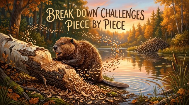 Beaver gnawing on a fallen log in an autumn forest, with text "Break Down Challenges Piece by Piece"