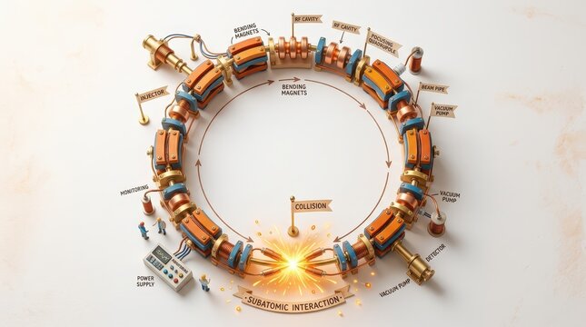 Conceptual Particle Accelerator Model: Illustrating Subatomic Interactions and Collisions with Tiny Figurines and Labels