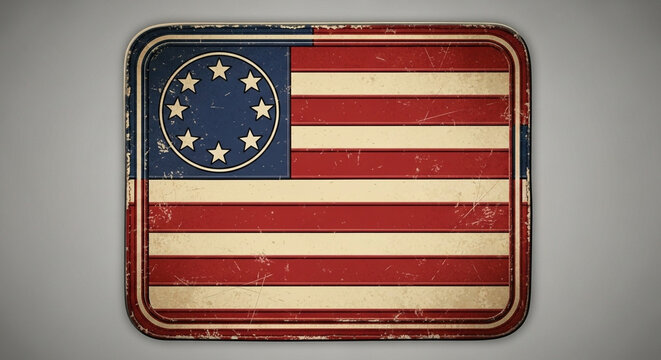 A weathered vintage metal sign displays the historic thirteen star American flag design with classic red stripes and blue canton edges that evoke a patriotic sense of national pride and heritage