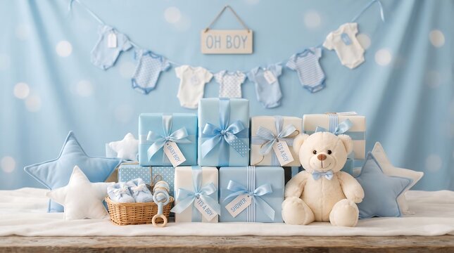 Cute baby shower decoration with blue gift boxes teddy bear and baby clothes on a wooden table