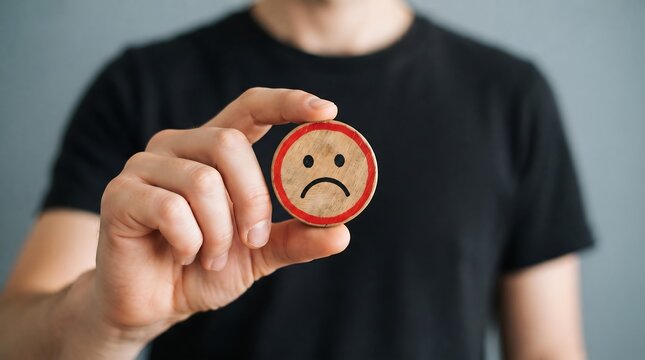 A person holding a small wooden circle with a sad face icon representing negative customer feedback