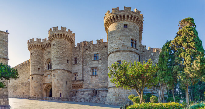Medieval Palace of the Grand Master of the Knights of Rhodes against blue sky in Rhodes old town Greece