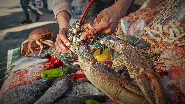 Fresh Lobster and Seafood Display at Traditional Fish Market in Essaouira, Morocco