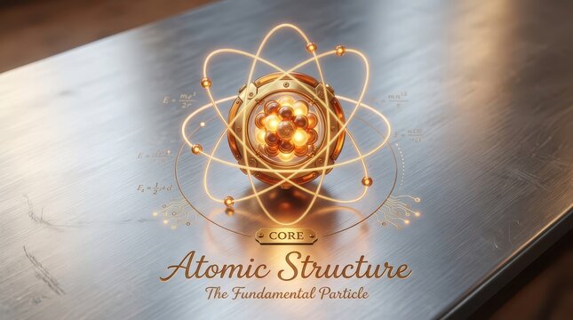 Conceptual representation of an atom's structure with a glowing nucleus and orbiting electrons on a metallic surface