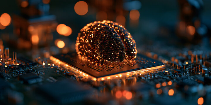 Conceptual digital brain processing on a microchip circuit board illustration