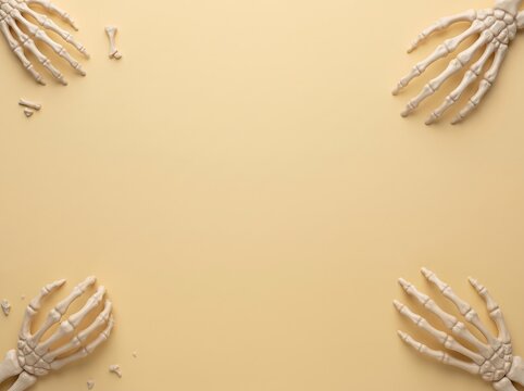 Halloween skeleton hands in four corners with scattered bones on yellow background 
