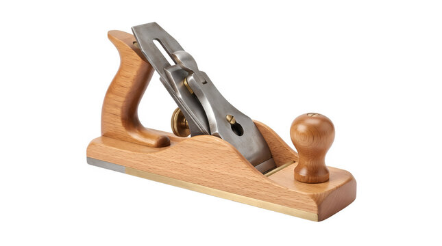 Vintage wooden hand plane with steel blade, traditional woodworking tool for carpentry, antique manual wood planer on white background