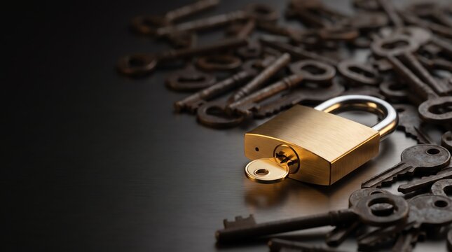 Golden padlock with key, surrounded by antique skeleton keys on dark background