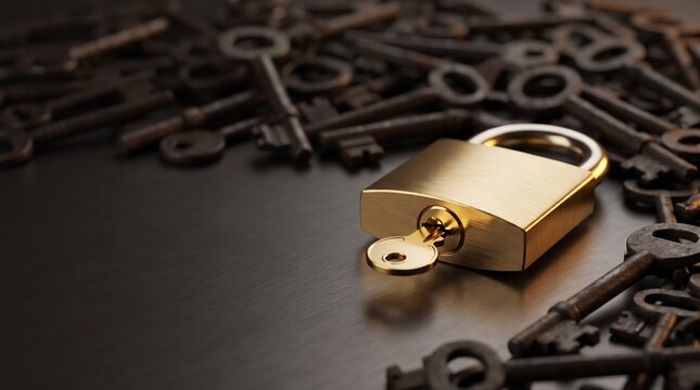 Golden padlock with key surrounded by old keys, security concept