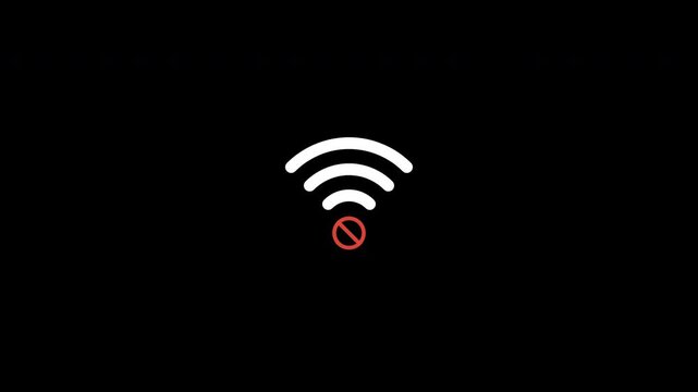 No wifi signal animation with alert by a red circle with a diagonal line indicating no internet connection on alpha channel, no network sign