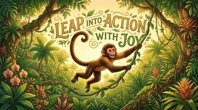 Charming monkey swinging on vine in lush jungle with inspirational text "Leap Into Action With Joy"
