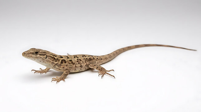 Brown speckled lizard crawling on white background.